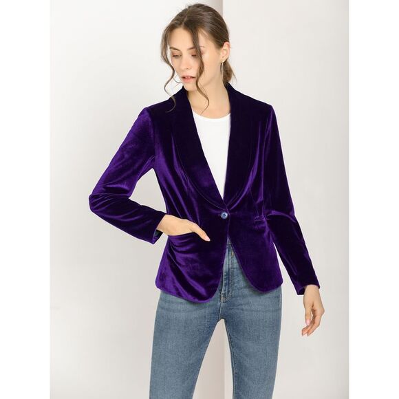Women's Coat Solid Shawl Collar 1 Button Velvet Blazer Deep Purple - Picture 3 of 6